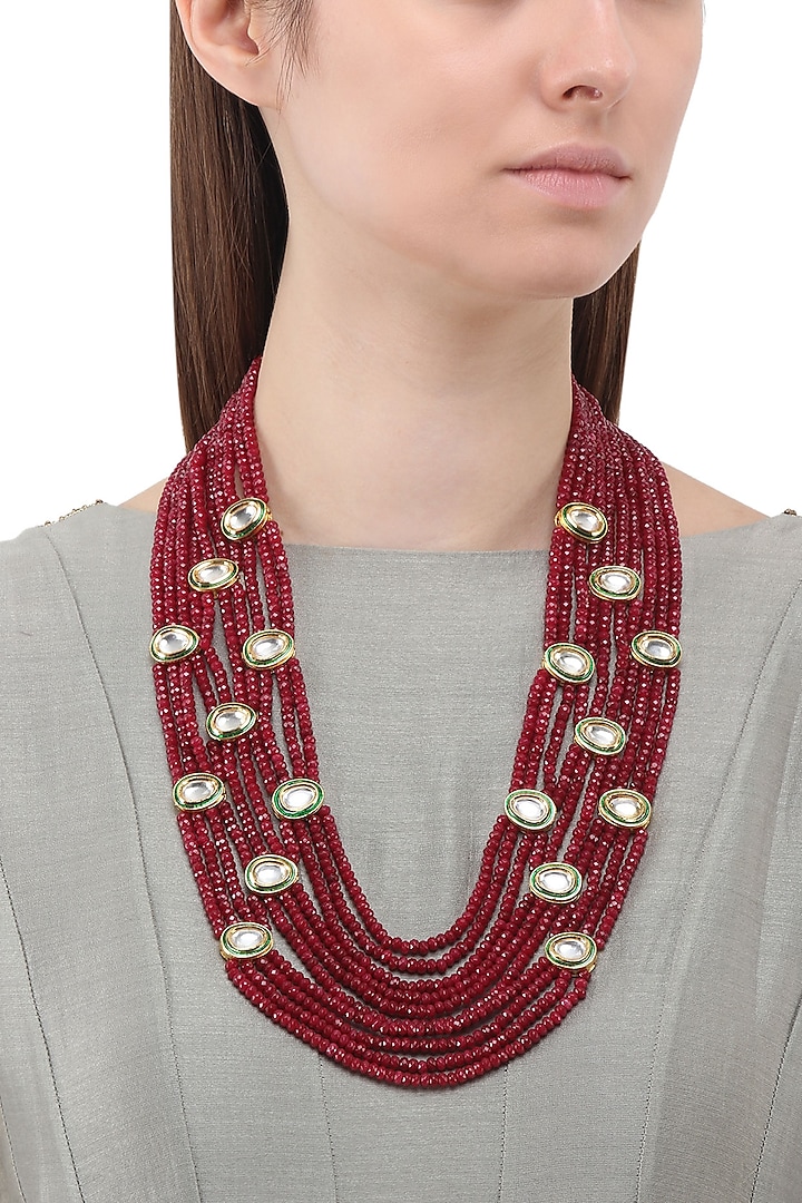 Gold Finish Polki and Maroon Beads Necklace by Just Shraddha
