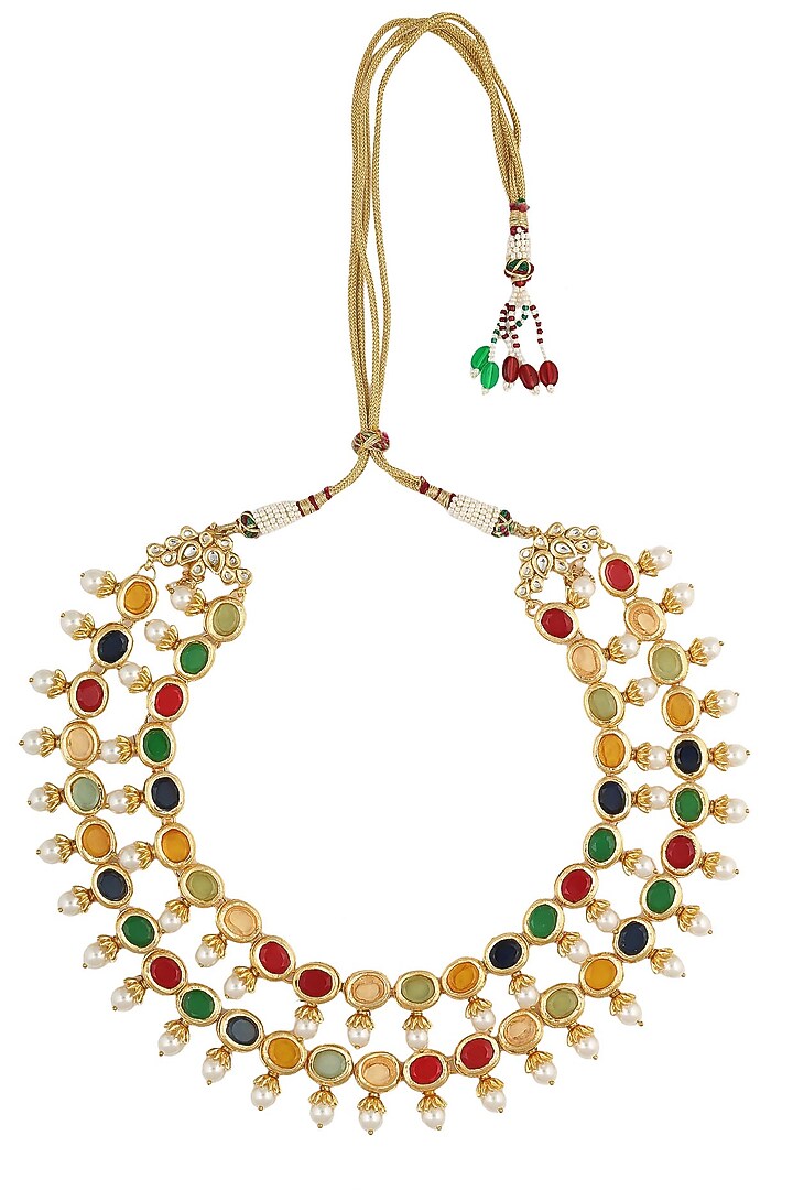 Just Shraddha presents Gold finish navratan stone 2 liner string necklace available only at Pernia's Pop Up Shop.