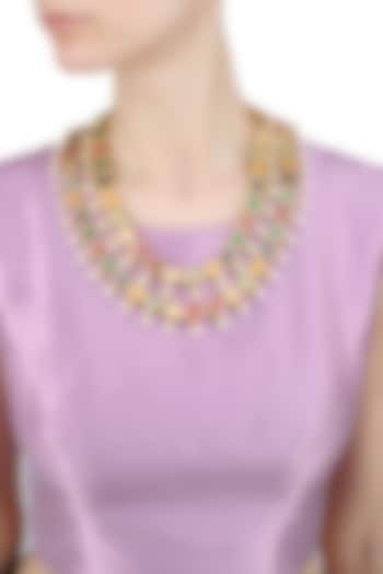 Just Shraddha presents Gold finish navratan stone 2 liner string necklace available only at Pernia's Pop Up Shop.