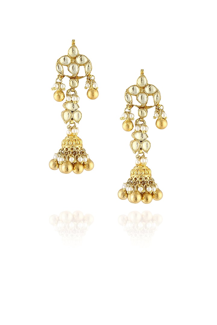 Just Shraddha presents Gold finish kundan work gold beads flower earrings available only at Pernia's Pop Up Shop.
