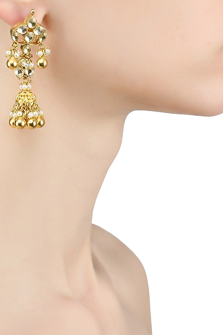 Gold finish kundan work gold beads flower earrings by Just Shraddha