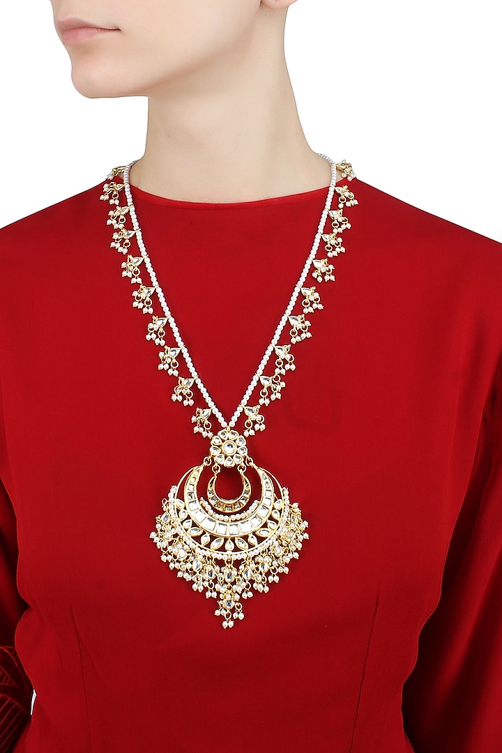 Gold finish chandbali pearl one liner string necklace by Just Shraddha