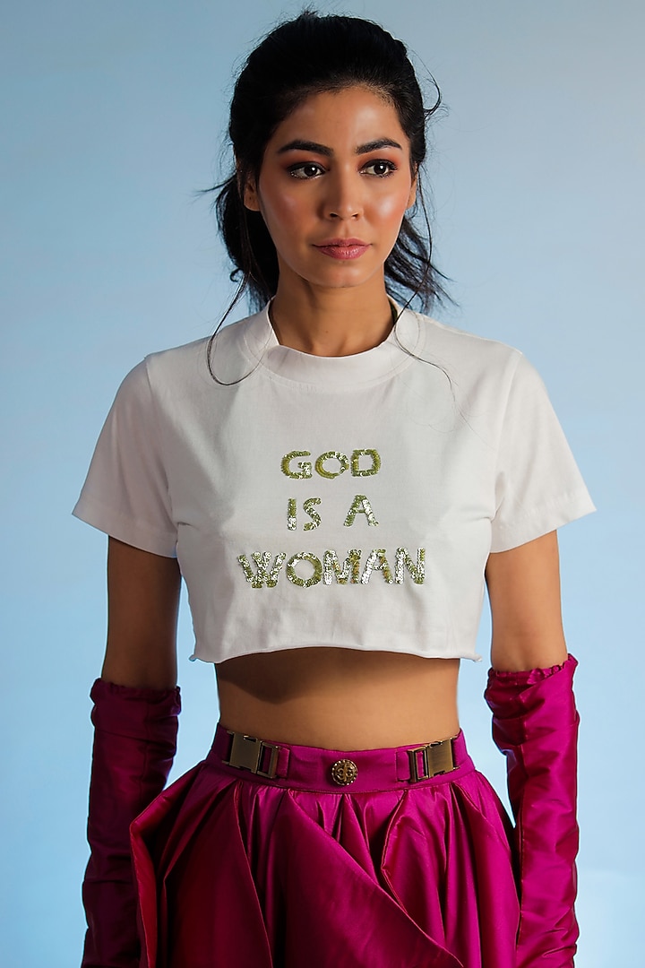 White Embroidered Crop-Top by Jubinav Chadha at Pernia's Pop Up Shop