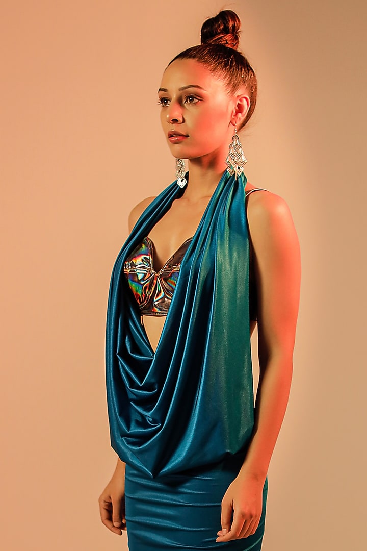 Blue Jersey Cowl Draped Vacation Dress by Jubinav Chadha at Pernia's Pop Up Shop