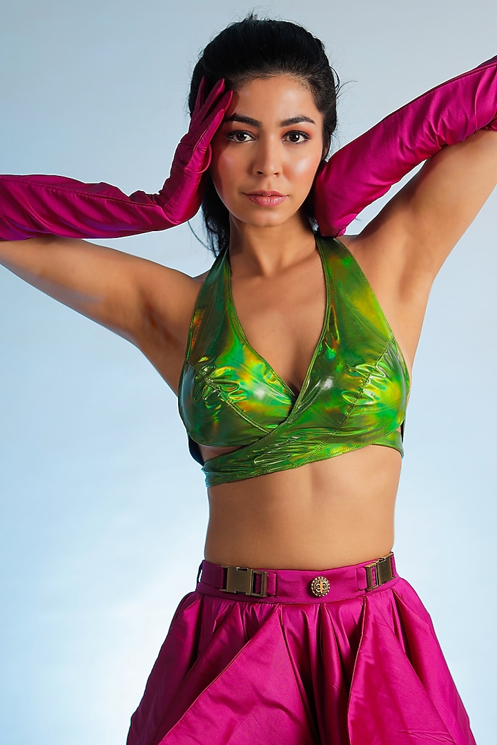 Green Leatherette Bralette by Jubinav Chadha at Pernia's Pop Up Shop