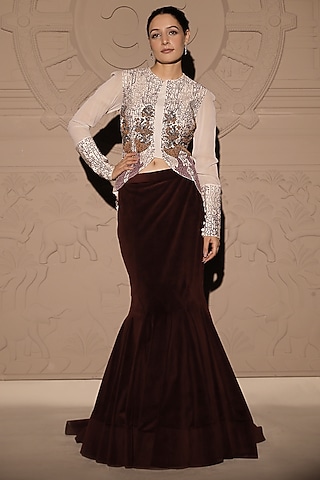 Maroon Italian Velvet Fishtail Skirt Set by Jubinav Chadha