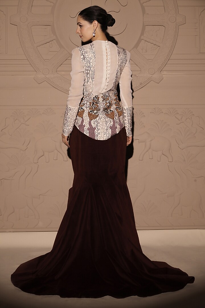 Maroon Italian Velvet Fishtail Skirt Set by Jubinav Chadha at Pernia's Pop Up Shop