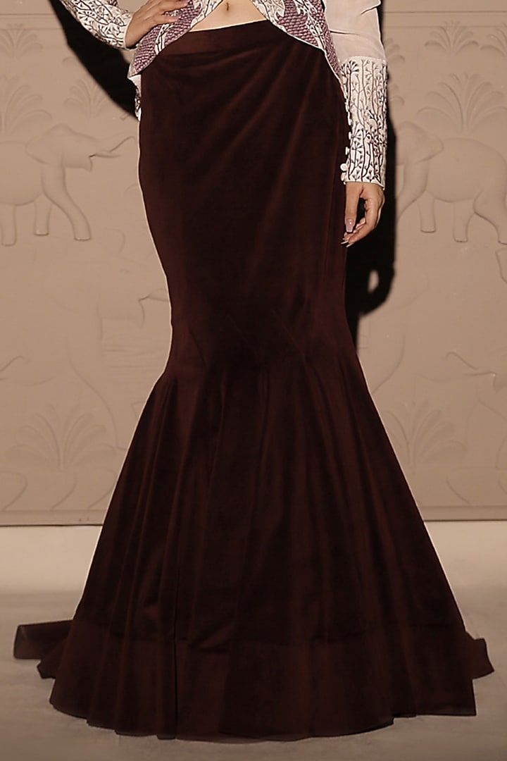 Maroon Italian Velvet Fishtail Skirt Set by Jubinav Chadha at Pernia's Pop Up Shop