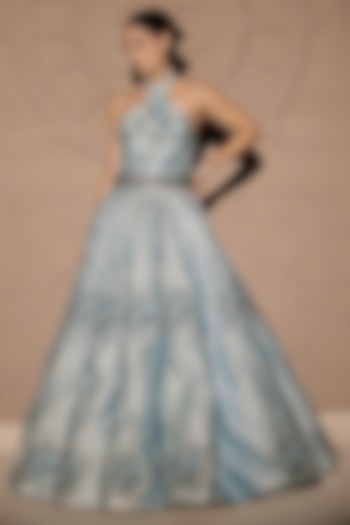 Powder Blue Chanderi Pearl & Floral Embroidered Structured Gown by Jubinav Chadha at Pernia's Pop Up Shop