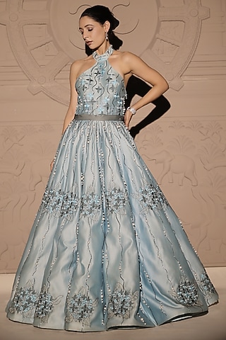 Powder Blue Chanderi Pearl & Floral Embroidered Structured Gown by Jubinav Chadha