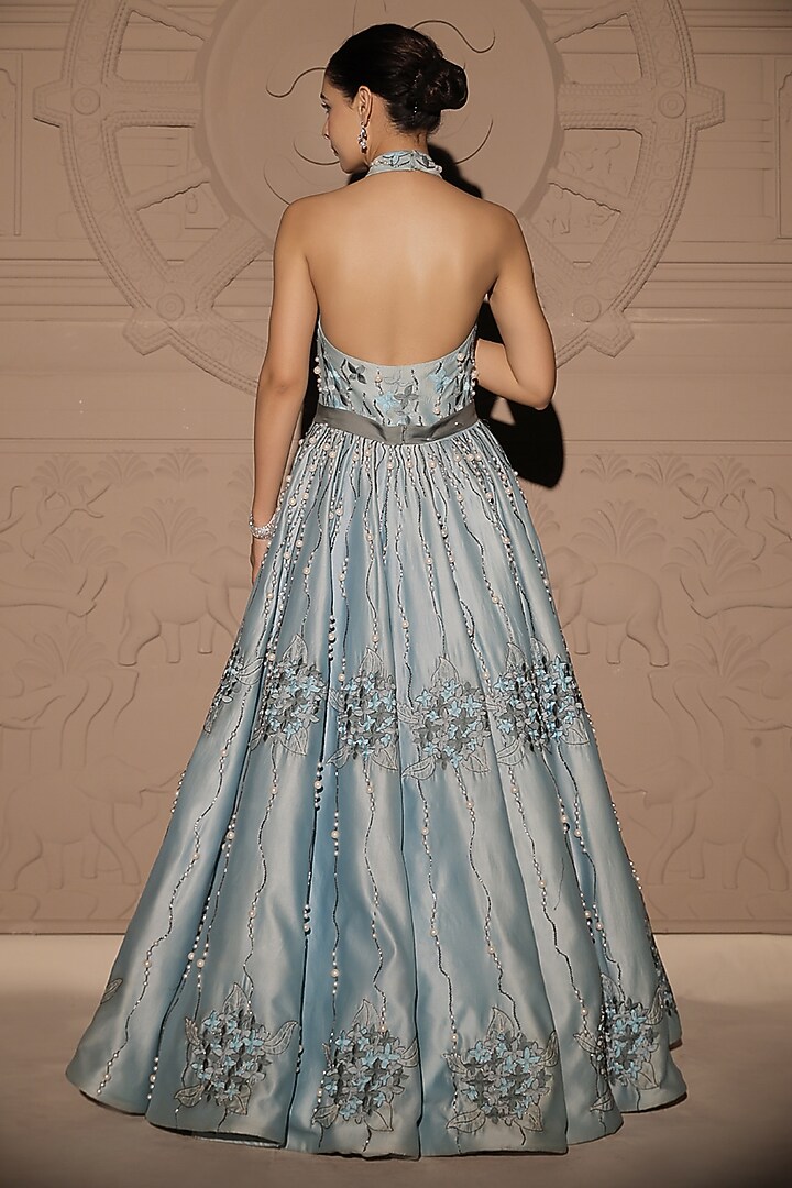 Powder Blue Chanderi Pearl & Floral Embroidered Structured Wedding Gown by Jubinav Chadha at Pernia's Pop Up Shop