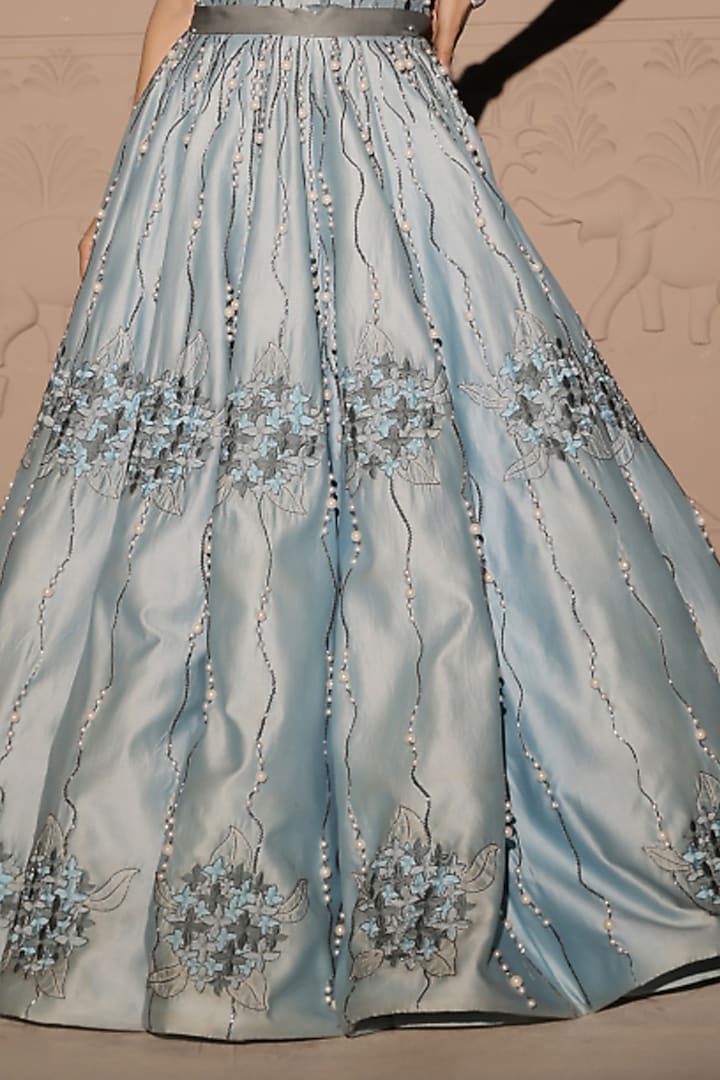 Powder Blue Chanderi Pearl & Floral Embroidered Structured Wedding Gown by Jubinav Chadha at Pernia's Pop Up Shop
