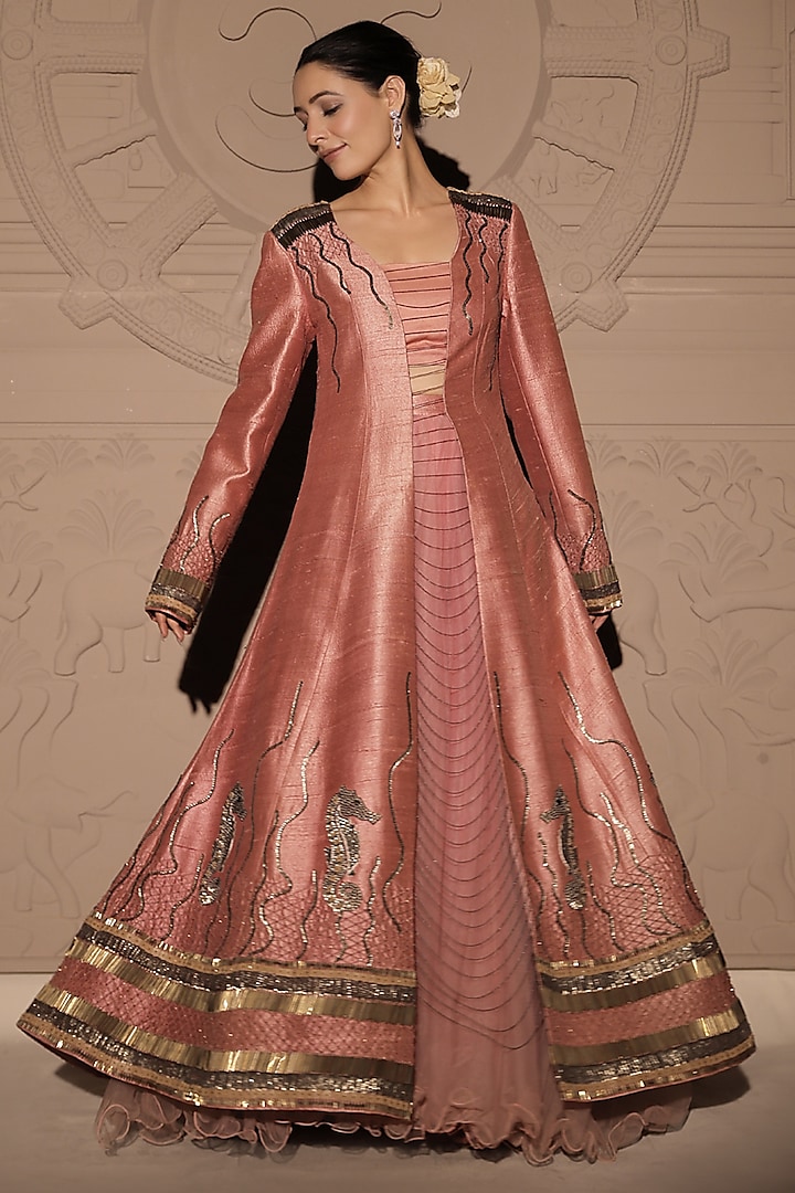 Pastel Pink Raw Silk Sequins Hand Embroidered Jacket Set by Jubinav Chadha