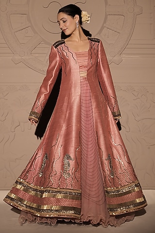 Pastel Pink Raw Silk Sequins Hand Embroidered Jacket Set by Jubinav Chadha