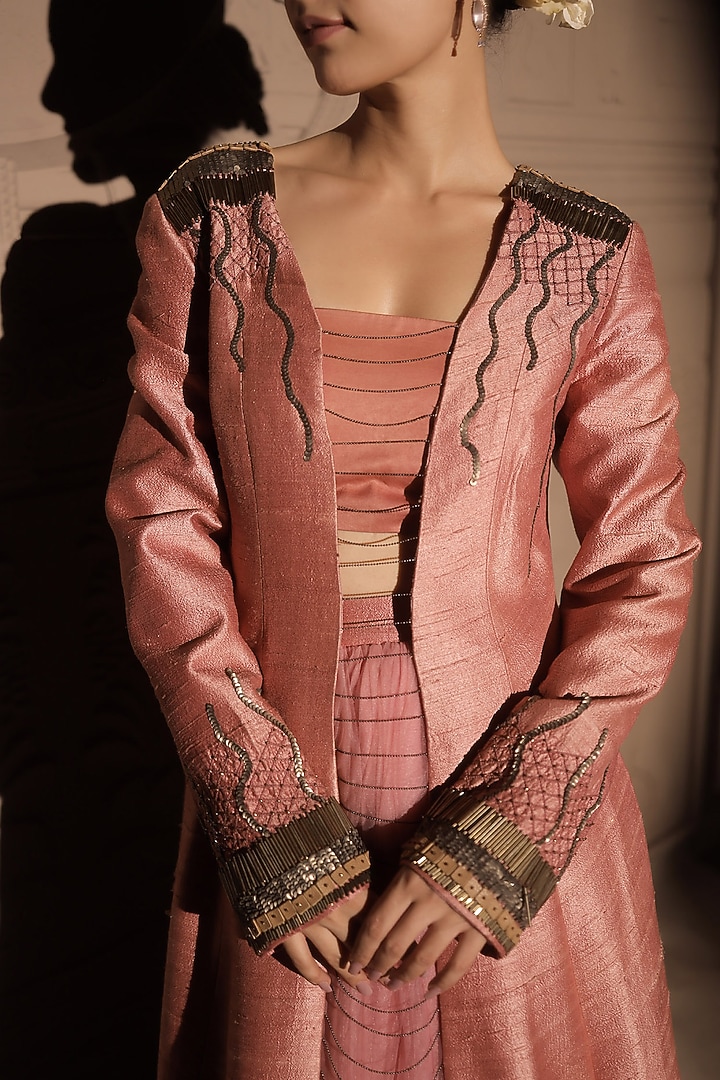 Pastel Pink Raw Silk Sequins Hand Embroidered Jacket Set by Jubinav Chadha at Pernia's Pop Up Shop