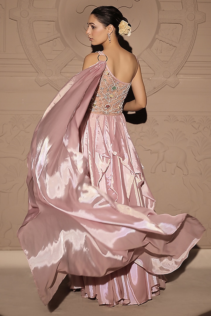 Baby Pink Glass Organza & Net Pearl Embroidered Draped Engagement Gown by Jubinav Chadha at Pernia's Pop Up Shop