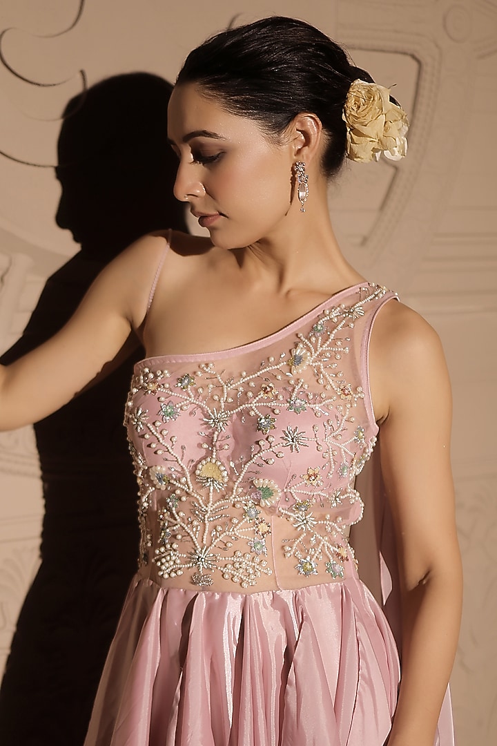 Baby Pink Glass Organza & Net Pearl Embroidered Draped Engagement Gown by Jubinav Chadha at Pernia's Pop Up Shop