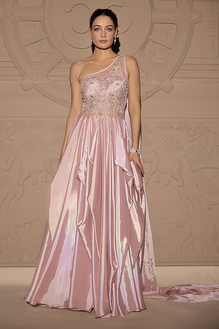 Baby Pink Glass Organza & Net Pearl Embroidered Draped Engagement Gown by Jubinav Chadha at Pernia's Pop Up Shop