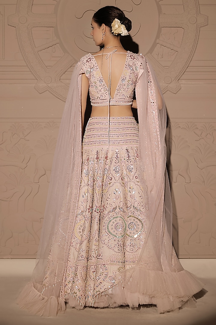 Pastel Pink Tulle Pearl & Sequins Embroidered Bridal Lehenga Set by Jubinav Chadha at Pernia's Pop Up Shop