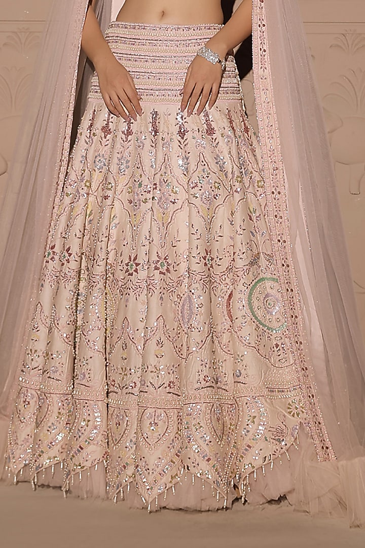 Pastel Pink Tulle Pearl & Sequins Embroidered Bridal Lehenga Set by Jubinav Chadha at Pernia's Pop Up Shop