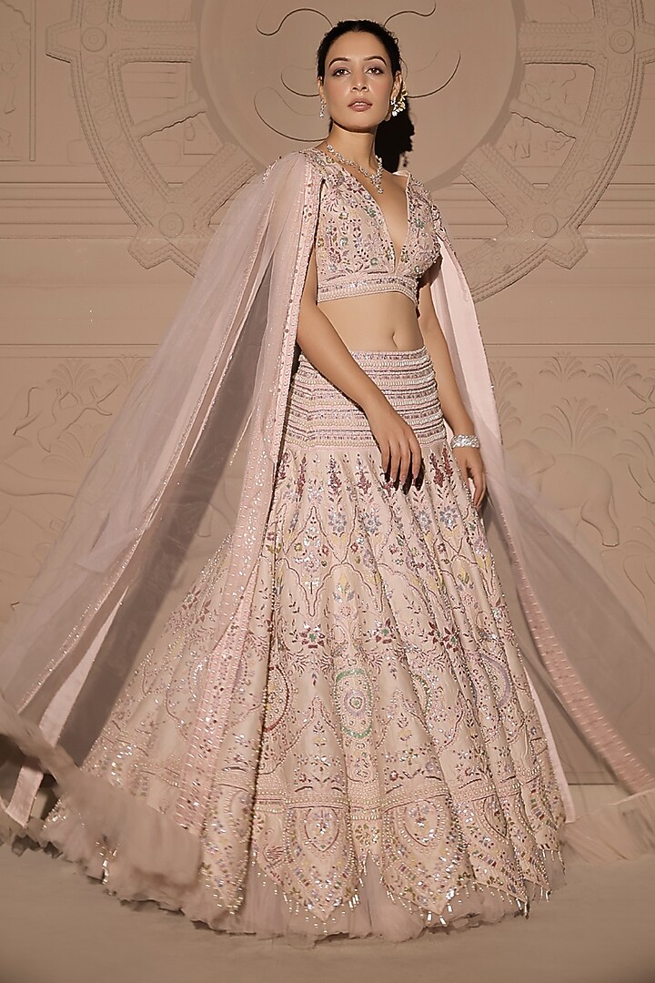 Pastel Pink Tulle Pearl & Sequins Embroidered Bridal Lehenga Set by Jubinav Chadha at Pernia's Pop Up Shop