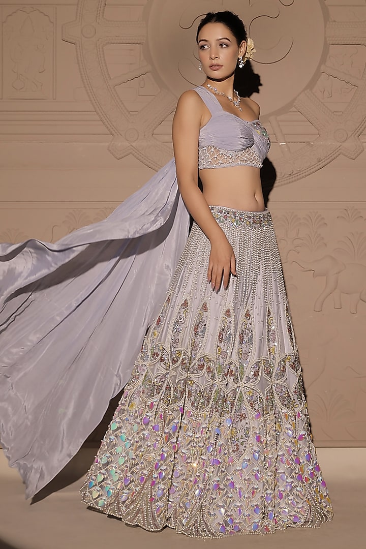 Periwinkle Net & Satin Sequins Embroidered Bridal Lehenga Set by Jubinav Chadha at Pernia's Pop Up Shop