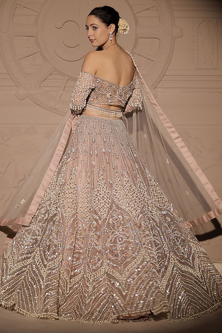 Rose Gold Net Pearl & Sequins Embroidered Bridal Lehenga Set by Jubinav Chadha at Pernia's Pop Up Shop