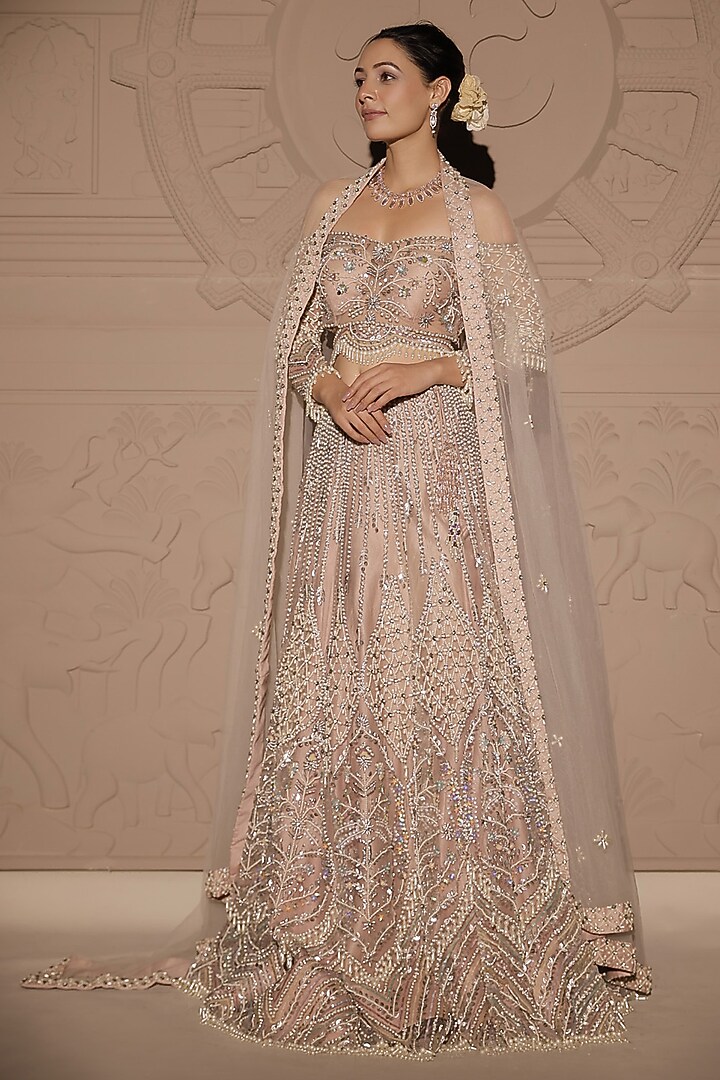Rose Gold Net Pearl & Sequins Embroidered Bridal Lehenga Set by Jubinav Chadha at Pernia's Pop Up Shop