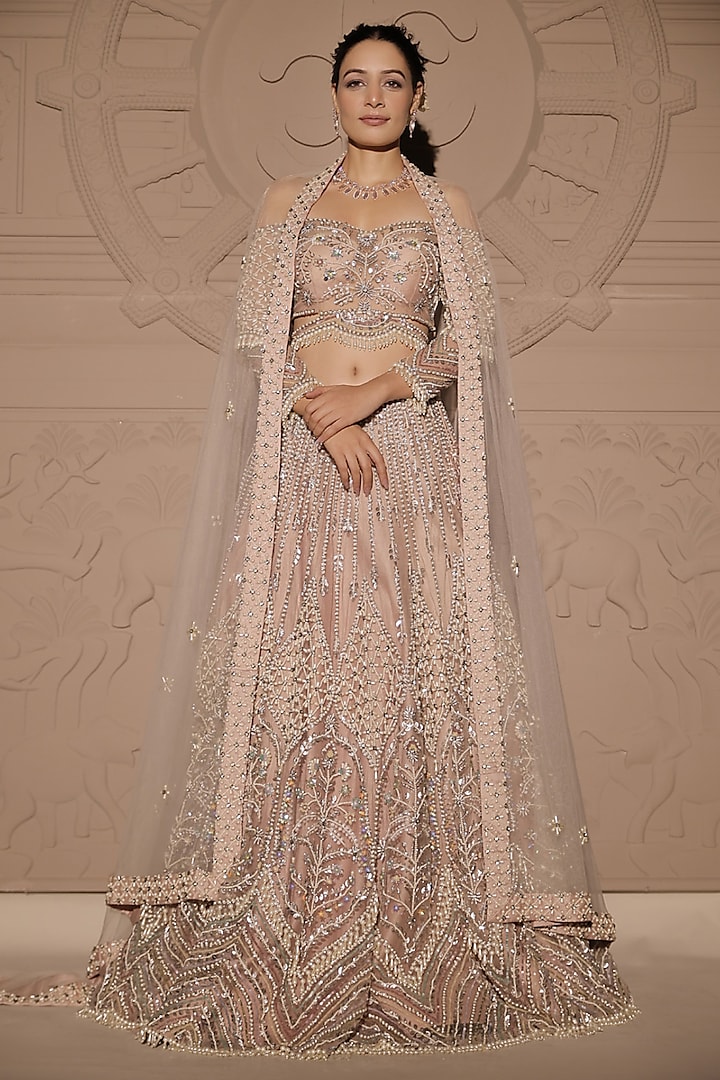 Rose Gold Net Pearl & Sequins Embroidered Bridal Lehenga Set by Jubinav Chadha at Pernia's Pop Up Shop