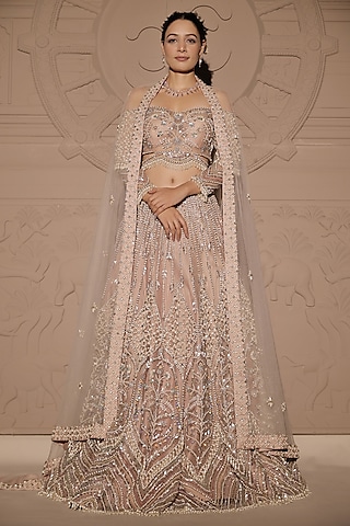 Rose Gold Net Pearl & Sequins Embroidered Lehenga Set by Jubinav Chadha