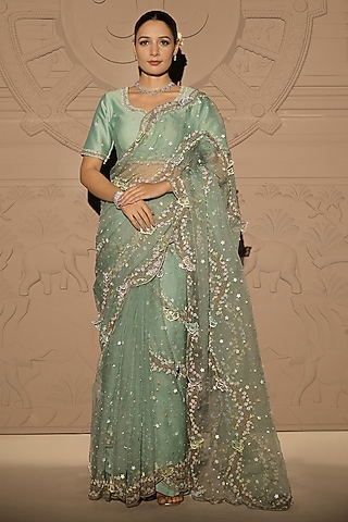 Mint green Silk Organza Floral & Sequins Embroidered Saree Set by Jubinav Chadha