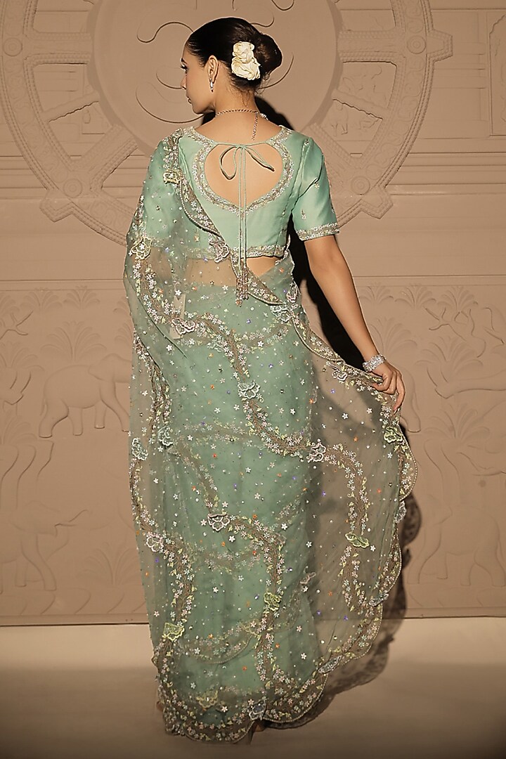 Mint green Silk Organza Floral & Sequins Embroidered Reception Saree Set by Jubinav Chadha at Pernia's Pop Up Shop