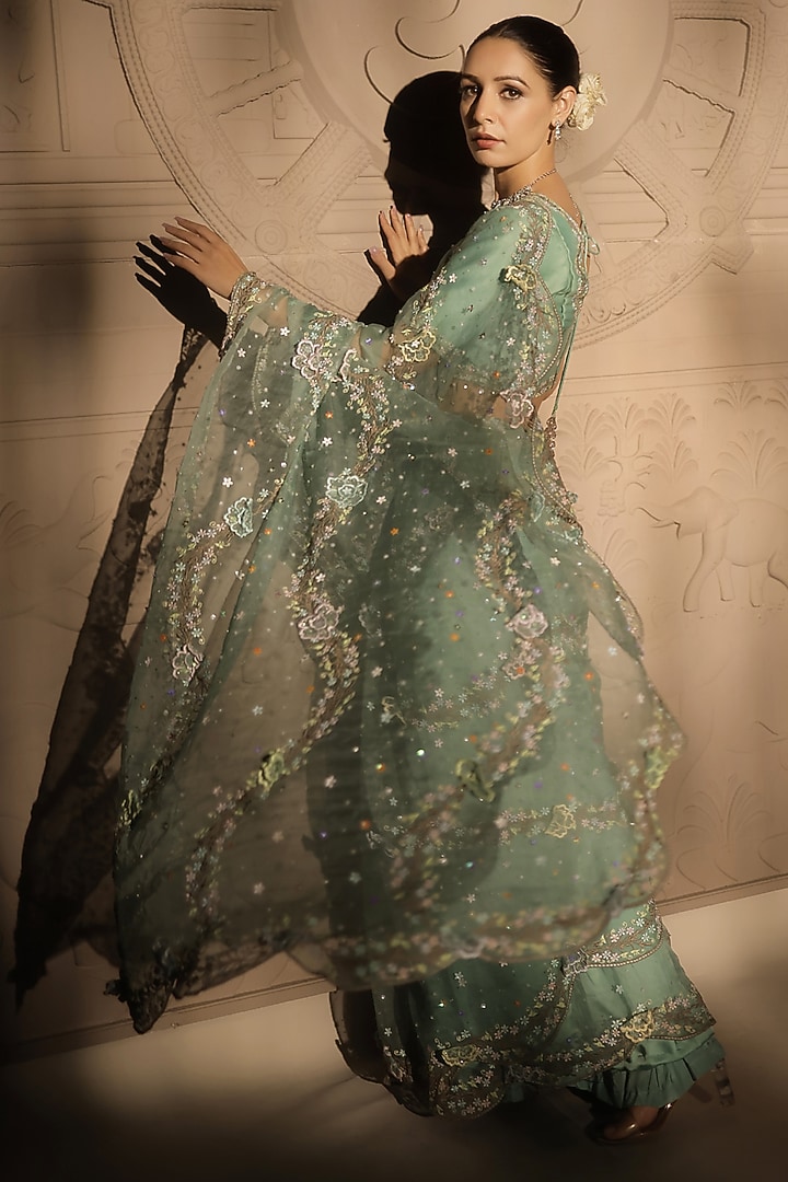Mint green Silk Organza Floral & Sequins Embroidered Reception Saree Set by Jubinav Chadha at Pernia's Pop Up Shop