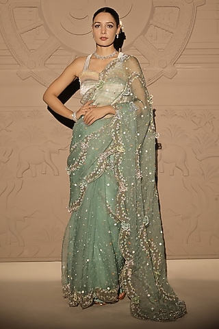 Mint Green Silk Organza Floral & Sequins Embroidered Saree Set by Jubinav Chadha