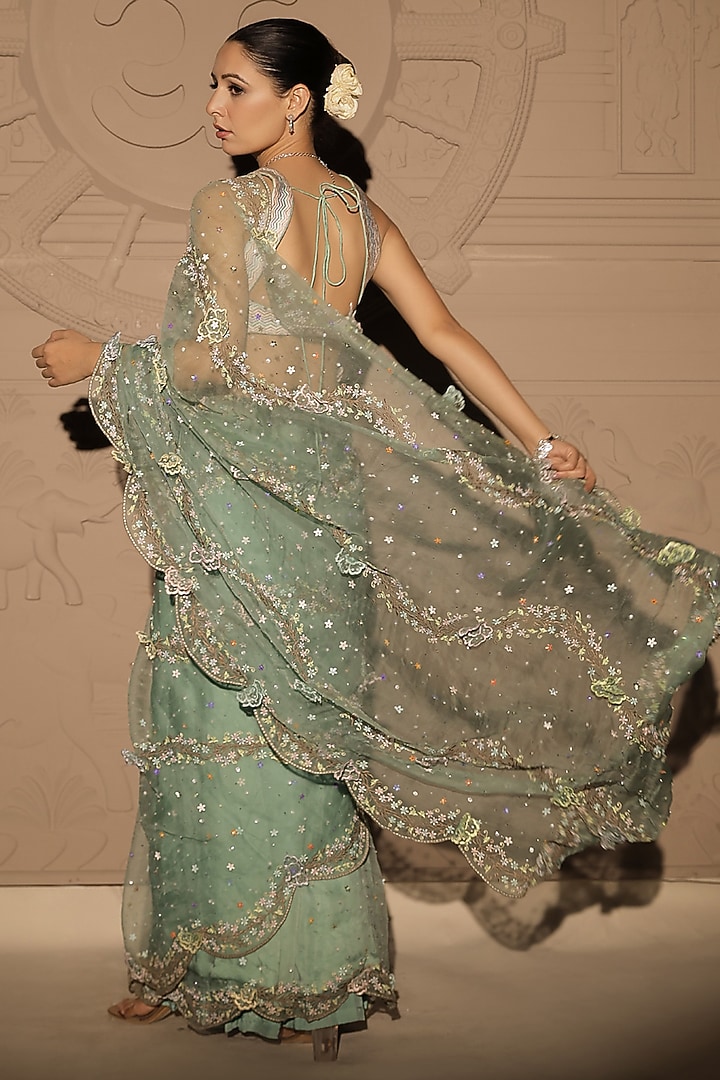 Mint Green Silk Organza Floral & Sequins Embroidered Reception Saree Set by Jubinav Chadha at Pernia's Pop Up Shop