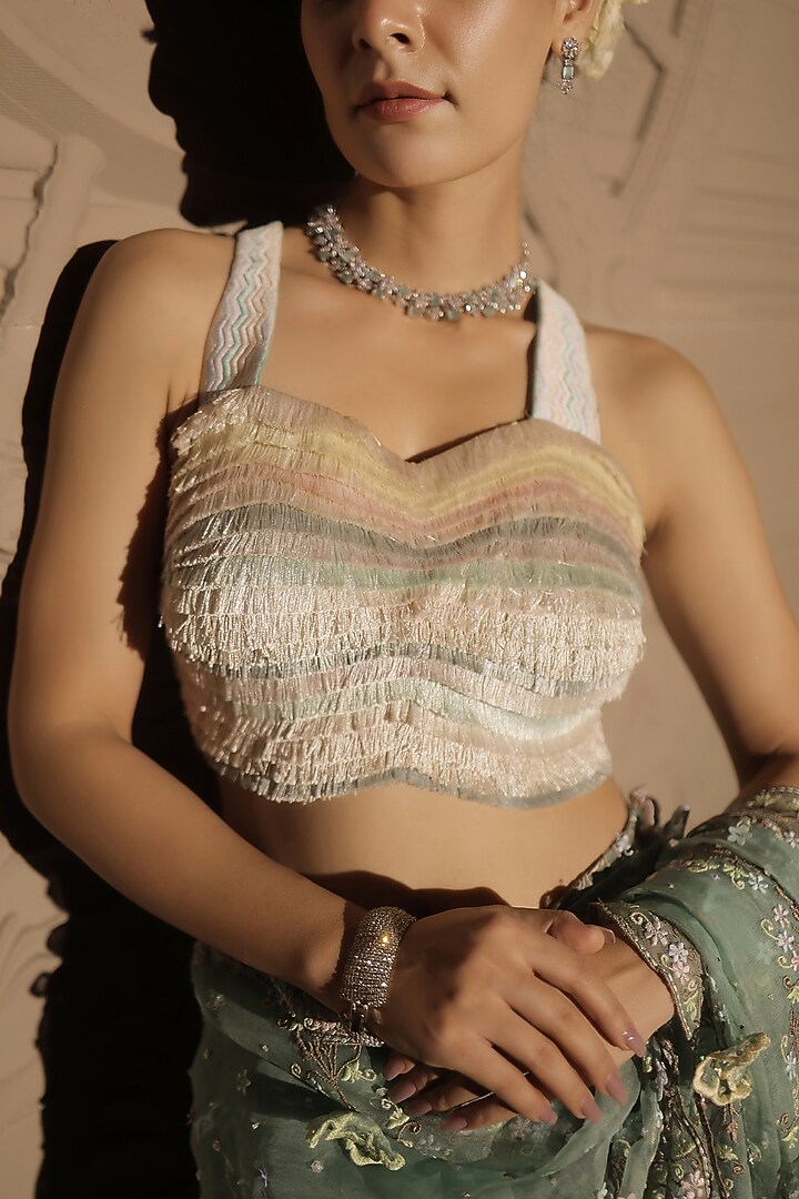 Mint Green Silk Organza Floral & Sequins Embroidered Reception Saree Set by Jubinav Chadha at Pernia's Pop Up Shop