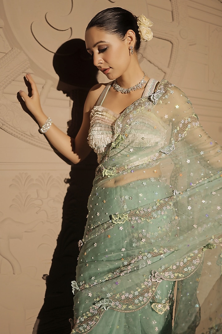 Mint Green Silk Organza Floral & Sequins Embroidered Reception Saree Set by Jubinav Chadha at Pernia's Pop Up Shop