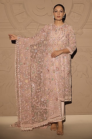 Pink Organza Pearl & Sequins Embroidered Kurta Set by Jubinav Chadha