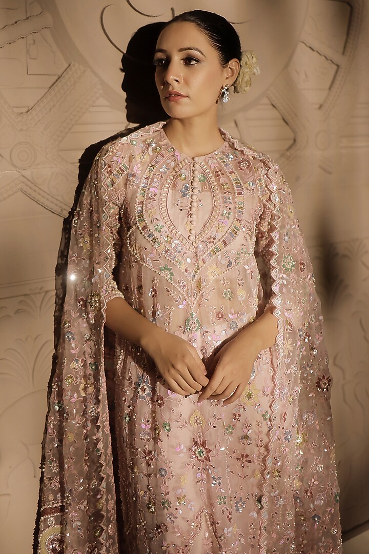Pink Organza Pearl & Sequins Embroidered Kurta Set by Jubinav Chadha at Pernia's Pop Up Shop
