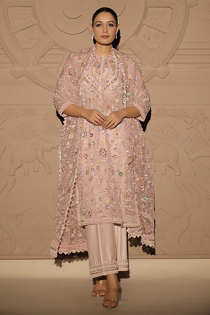 Pink Organza Pearl & Sequins Embroidered Kurta Set by Jubinav Chadha at Pernia's Pop Up Shop