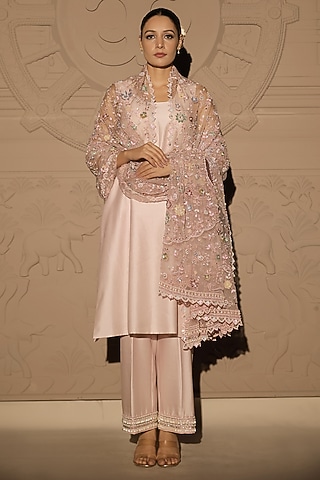 Pink Chanderi Pearl Embroidered Kurta Set by Jubinav Chadha