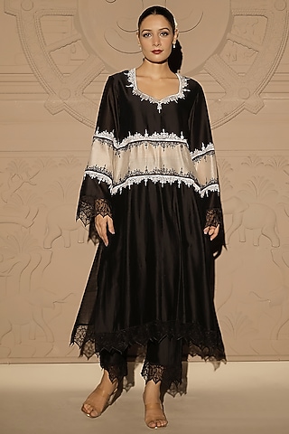 Black Chanderi Embroidered Color-Block Kurta Set by Jubinav Chadha