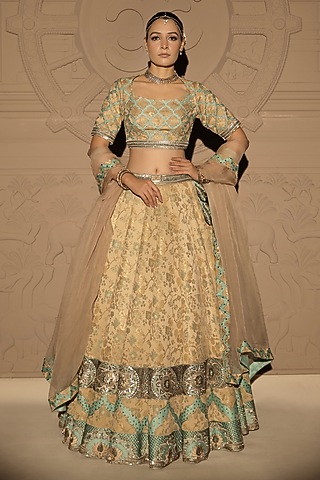 Gold & Sea Green Brocade Applique Embroidered Structured Lehenga Set by Jubinav Chadha