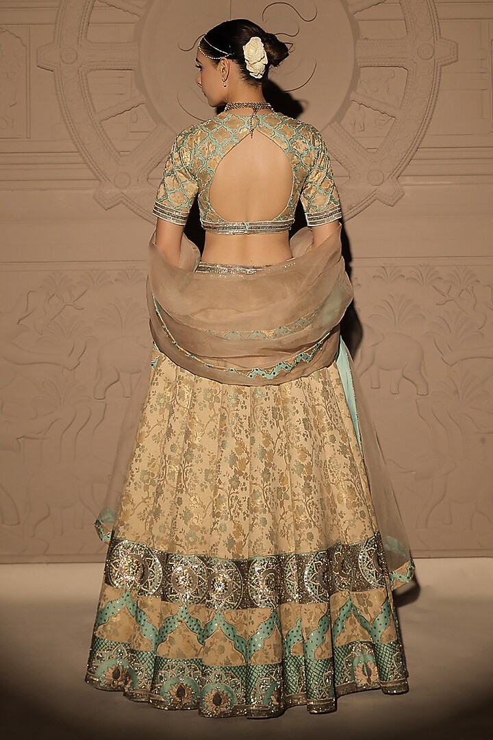 Gold & Sea Green Brocade Applique Embroidered Structured Bridal Lehenga Set by Jubinav Chadha at Pernia's Pop Up Shop