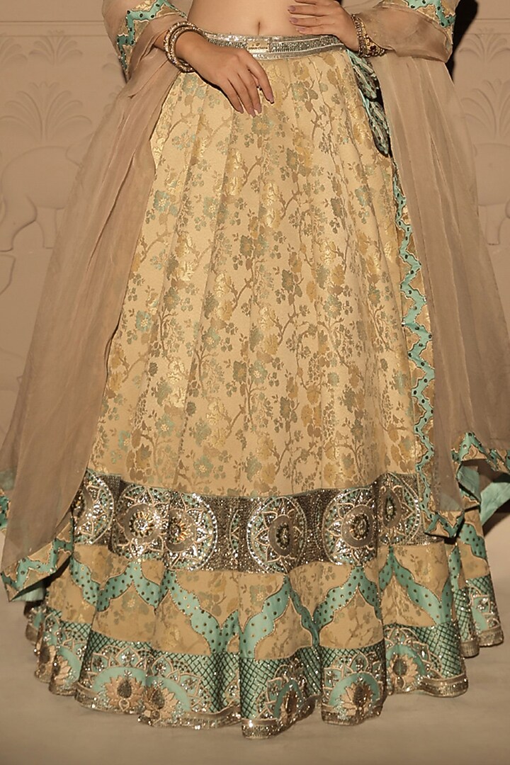 Gold & Sea Green Brocade Applique Embroidered Structured Bridal Lehenga Set by Jubinav Chadha at Pernia's Pop Up Shop