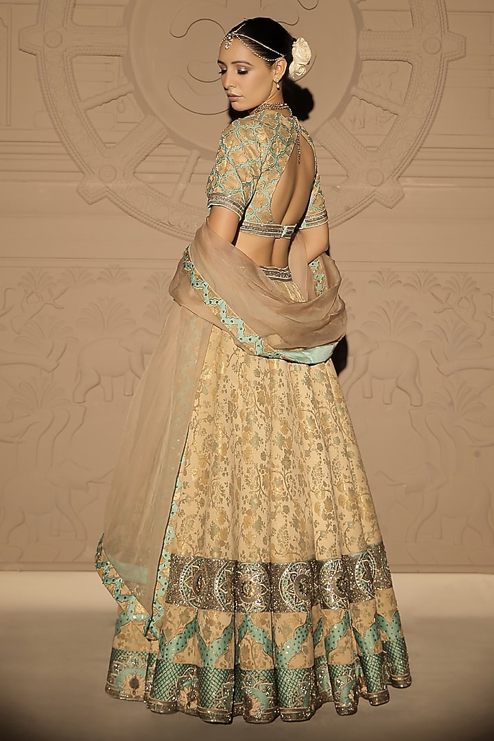 Gold & Sea Green Brocade Applique Embroidered Structured Bridal Lehenga Set by Jubinav Chadha at Pernia's Pop Up Shop