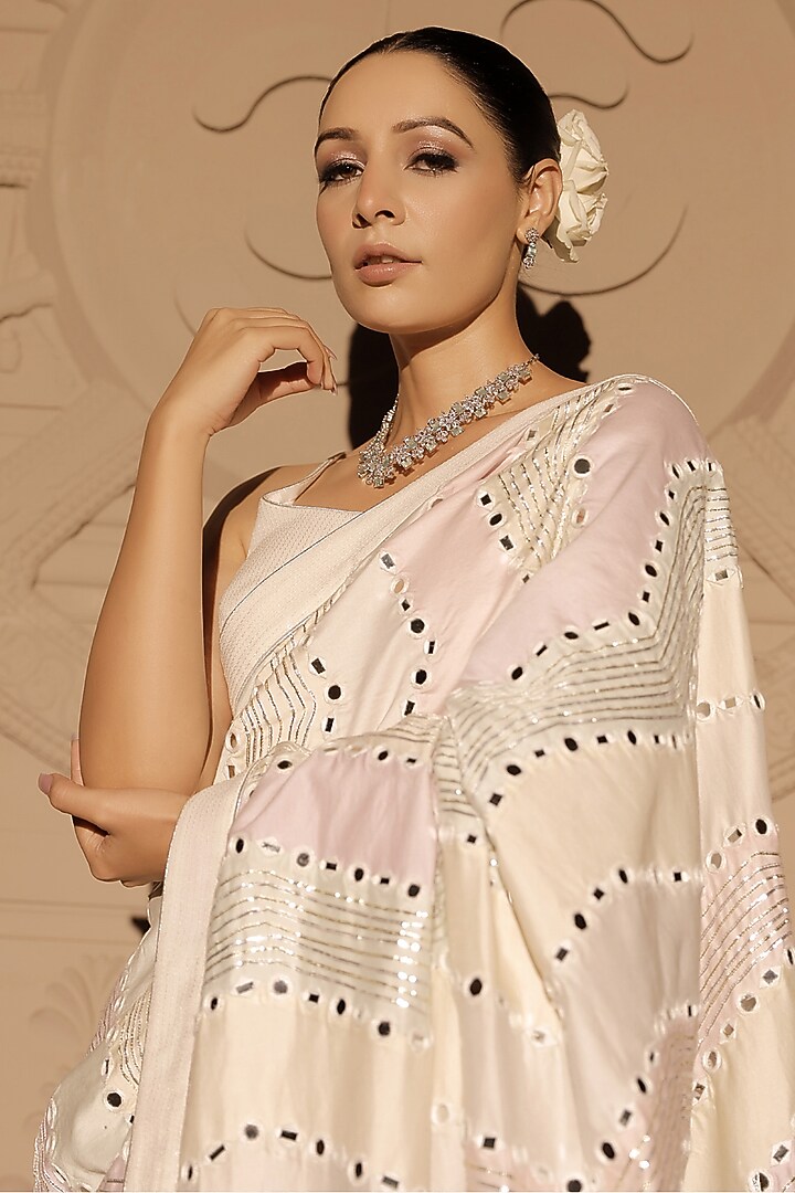 White Chanderi & Georgette Mirror Embroidered Pre-Stitched Wedding Saree Set by Jubinav Chadha at Pernia's Pop Up Shop