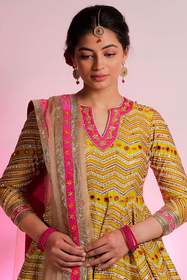 Green Silk Chanderi Embroidered Wedding Anarkali Set by Jubinav Chadha at Pernia's Pop Up Shop