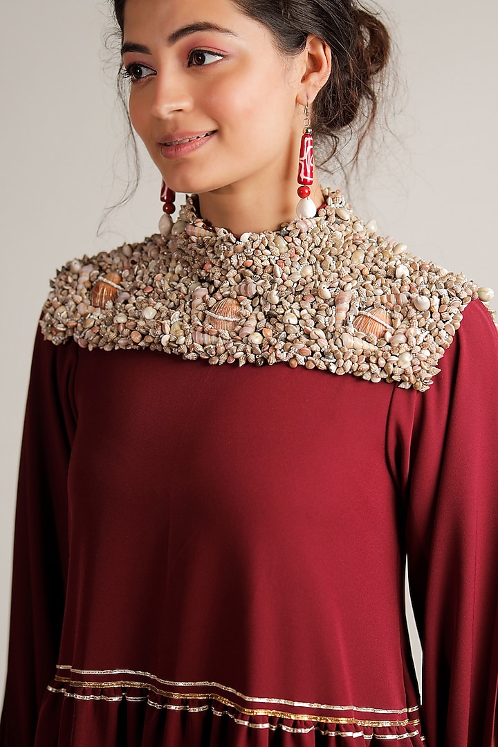 Red Banana Crepe Embroidered Engagement Gown by Jubinav Chadha at Pernia's Pop Up Shop