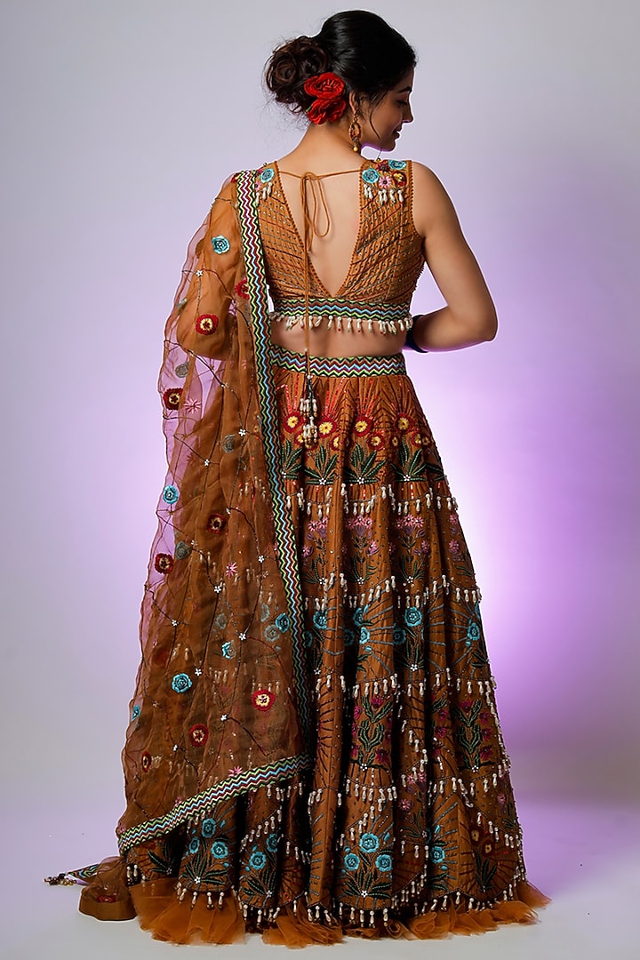 Caramel Silk Chanderi Embroidered Bridal Lehenga Set by Jubinav Chadha at Pernia's Pop Up Shop